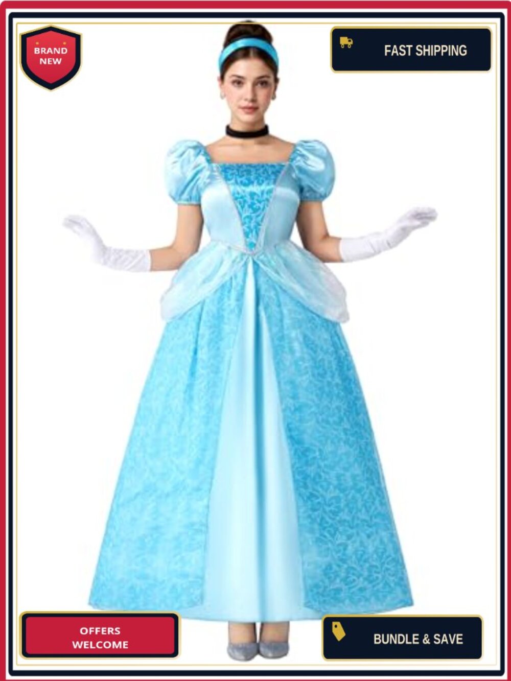 Adult Princess Costume Dress with Headband Gloves Necklace Halloween Role Play
